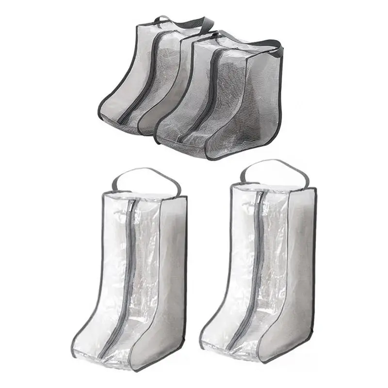Women's Waterproof Portable Tall & Small Boot Storage Bags (4 Pieces: 2 Tall-2 Short) with Handle Carry, Mesh Visibility, 2-Way Zips for Travel & Daily Use, Grey
