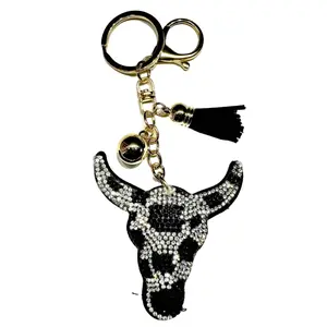 Longhorn Black Bling Keychain, Rhinestone design, Tassel Decor Sport Keychain for Men, Women, Kids Bling Backpack Keyrings, Purse Charms
