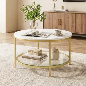 Marble Round Coffee Table with Glass for Living Room, 2-Tier Circle Coffee Table with Storage Clear Coffee Table