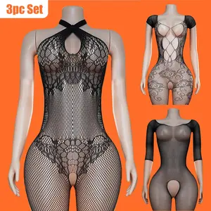 3-Piece Women's Sexy Fishnet Bodysuit: Halter Neck One-Piece Lingerie, Thin Mesh Sleepwear | All-Seasons Tight-Fit Design, Elastic Fit (XS to XL) | Comfortable & Skin-Friendly, Back Comfort Bra with Shapewear Lace Shorty Cut Floral Minimizer Plus Size