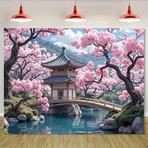 1PC,2D Flat Japanese Cherry Blossom Garden Tapestry, Japanese - style Architecture, Bridge Over Water Photography Backdrop, Bedroom & Living Room Decorative Wall Hanging, Pink Cherry Trees Natural, Photo Booth, One-Piece