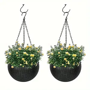 Elegant Polypropylene Self-Watering Hanging Planters Flower Pots with Rattan Design - Easy Drain Plug for Efficient Watering, Ideal for Indoor & Outdoor Home & Office Spaces Hanging Plant Basket