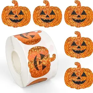 1pc/500sheets Hot Halloween Pumpkin Stickers Roll Waterproof Shiny Self-Adhesive Stickers for Party Decor, Boo Ghost Holographic Stickers for Scrapbooking & Envelopes.Share with friends and family.