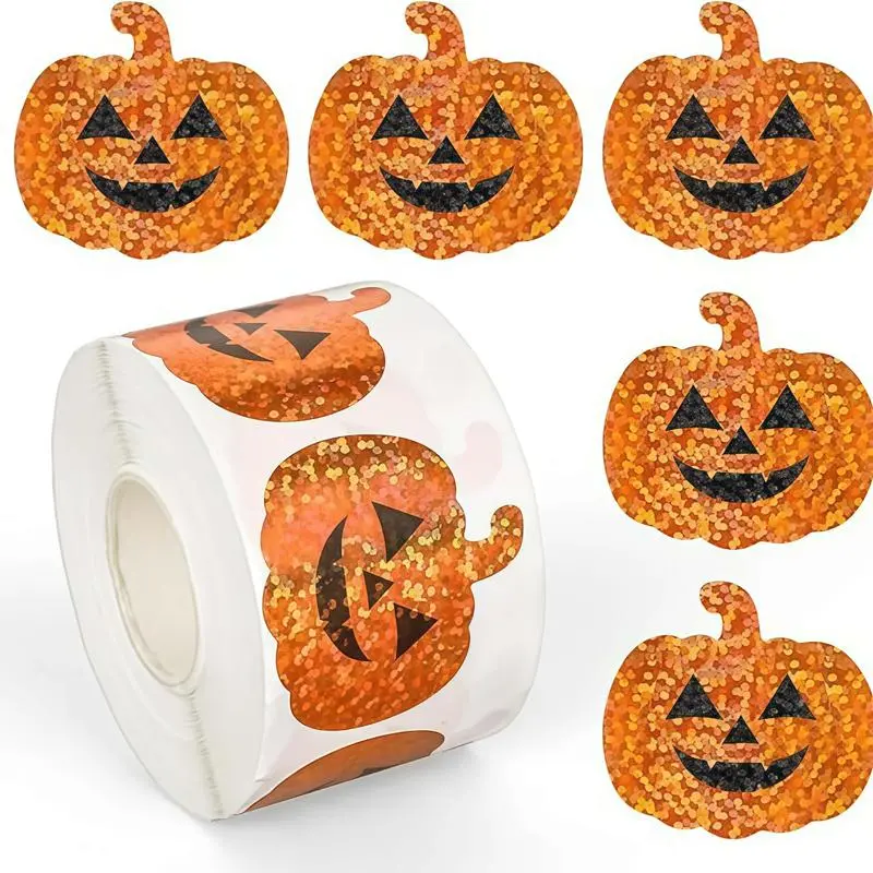 1pc/500sheets Hot Halloween Pumpkin Stickers Roll Waterproof Shiny Self-Adhesive Stickers for Party Decor, Boo Ghost Holographic Stickers for Scrapbooking & Envelopes.Share with friends and family.