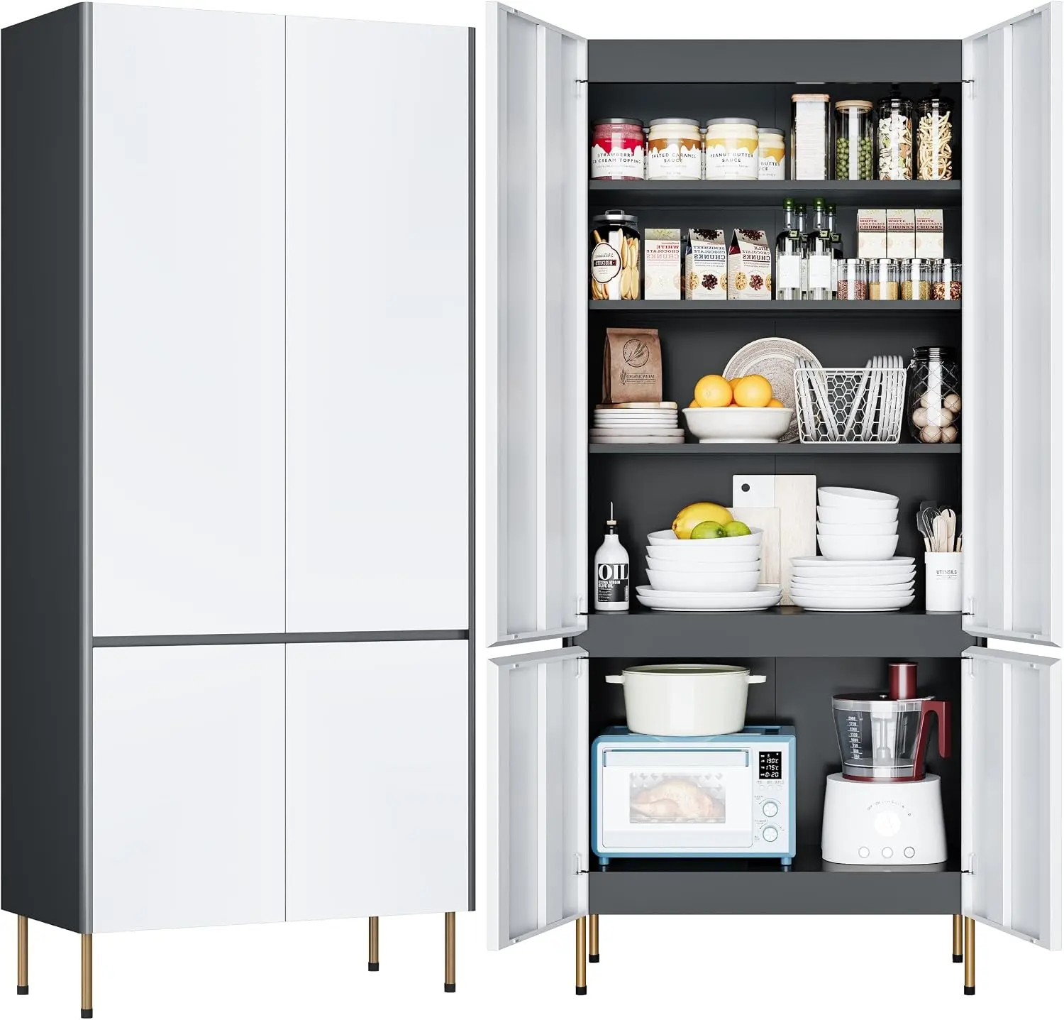 Kitchen Pantry Cabinet, 71" Tall Metal Storage Cabinet with Doors | Adjustable Shelves, Handleless Design, Magnetic Doors, Freestanding Kitchen Cupboard for Pantry Dining Room, 5Tier Gray/White