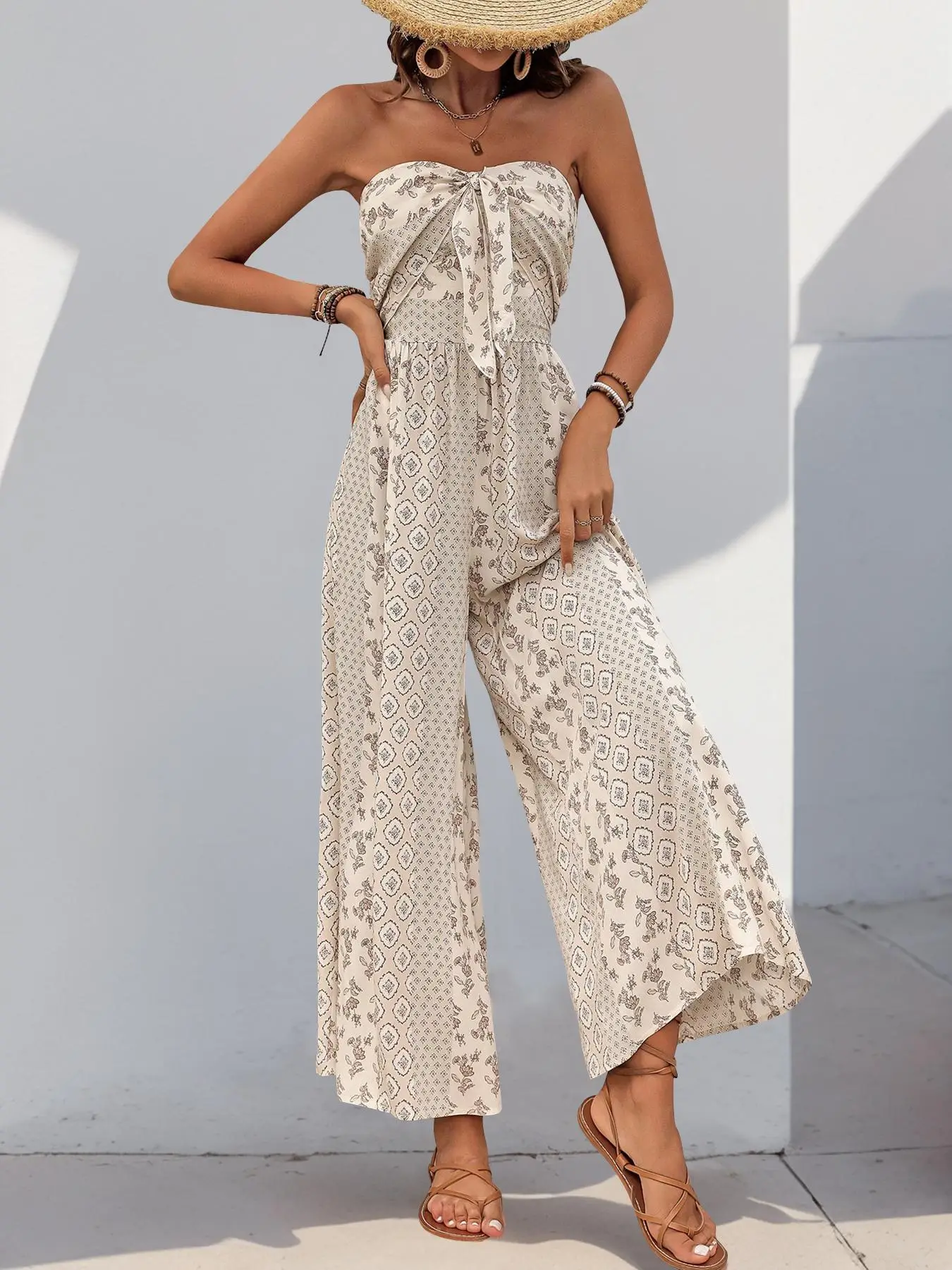 Women's All Over Print Jumpsuit, Casual Sleeveless Wide Leg Jumpsuit for Summer, Women's Clothes for Daily Wear