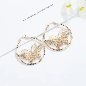 18k Layered real gold Plated Round hoop earrings butterfly #43