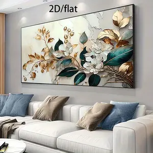 1PC Frameless Modern Cool Design Floral Canvas Wall Art, Unframed Painting, Teal & Gold Botanical Print Beige Textured Background Wall Decor Hanging Art for Living Room Bedroom Home Decor