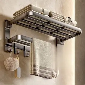 Wall Mounted Double Fold Towel Rack 7 Hooks Space Aluminum Adhesive No-Drill Bathroom Shelf 50cm (19.7in) 60cm (23.6in) Gunmetal White