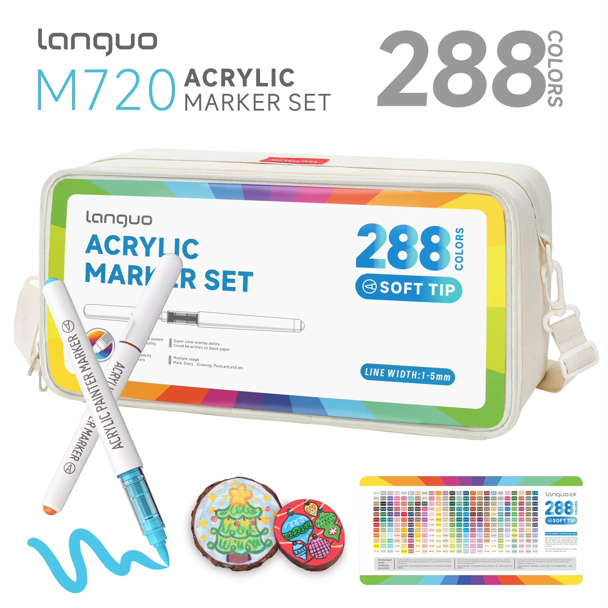 Languo Acrylic Color Marker Set - Soft Brush Tips, Automatic Ink Control, Canvas Bag Storage & Transport, Office Art Supplies with Soft Brush Strokes for Fabric, Wood DIY, Fabric to Glass, Egg & Rock Art (Acrylic Wood Paint Drawing & Painting Supplies)