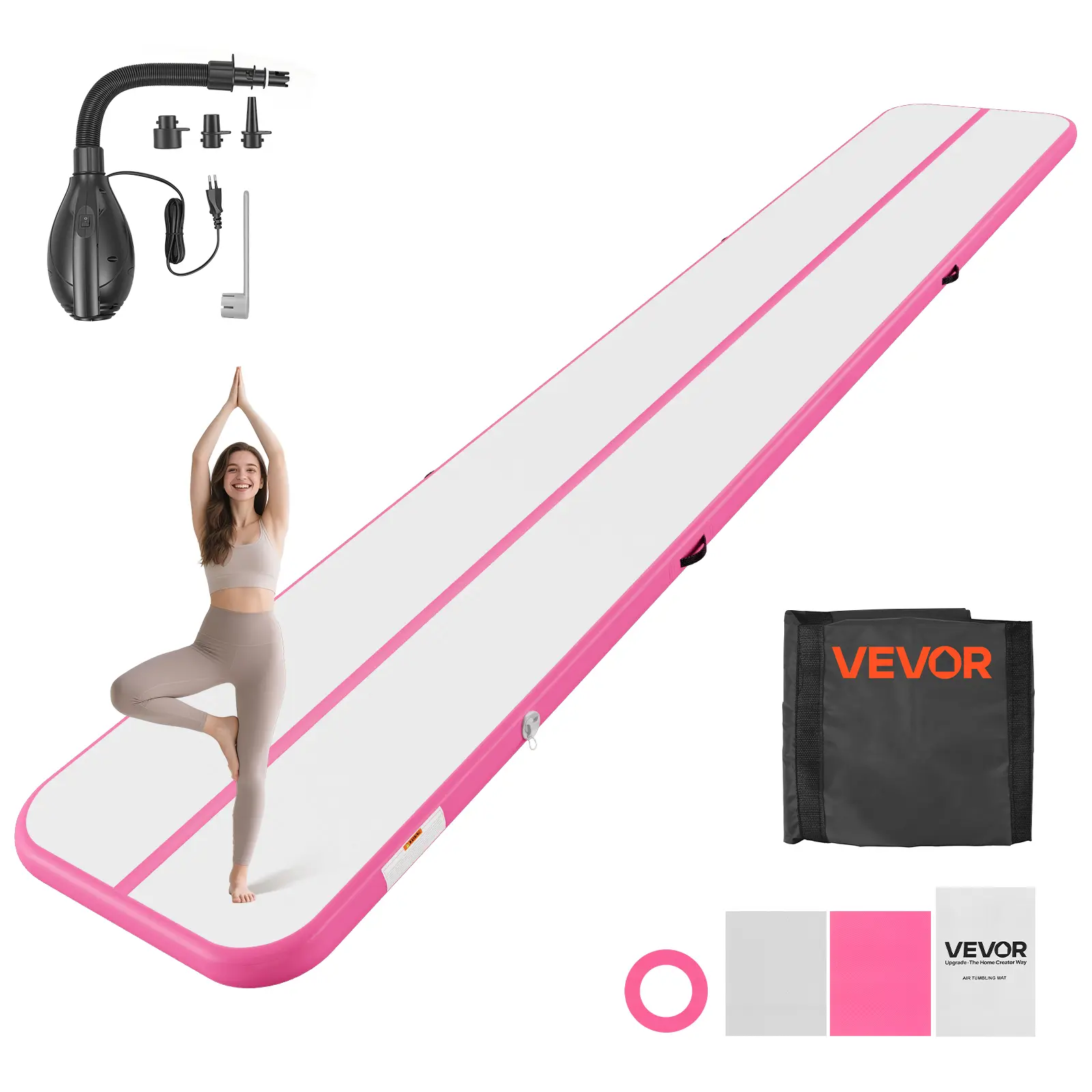 【SummerFinds】VEVOR Inflatable Gymnastics Air Mat 20 ft Training Mats w/ Electric Pump, 4 inches Thick Sturdy Tumble Track, Tumbling Mat for Home Use/Gym/Outdoor/Yoga/Cheerleading/Beach/Park/Water, Pink