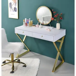 (High end and high-quality)White & Gold Finish Vanity Desk W/Mirror & Jewelry Tray,bedside furniture for bedrooms vanity  without  let vanity  with  chair