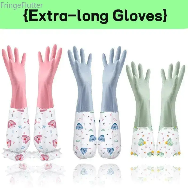 FringeFlutter 3pcs Multifunctional Extra-Long Cuff Reusable Durable Comfortable Protective Gear Cleaning Gloves for Household Kitchen Dishwashing Daily Use