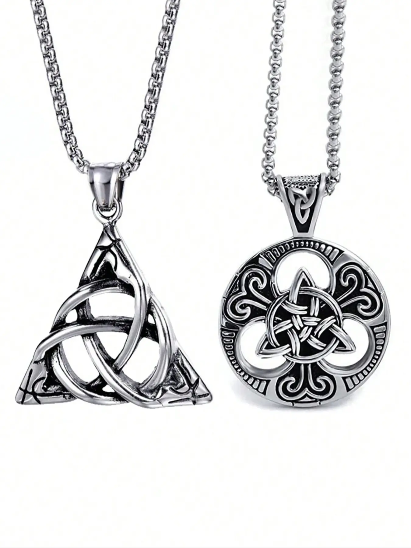 Vintage Irish Celtic Knot Pendant Charms Necklace Set, Round & Triangle Design, Hip Hop Punk Gothic Fashion Durable Jewelry for Women, Stainless Steel Necklace