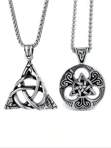 Vintage Irish Celtic Knot Pendant Charms Necklace Set, Round & Triangle Design, Hip Hop Punk Gothic Fashion Jewelry for Women, Stainless Steel Necklace