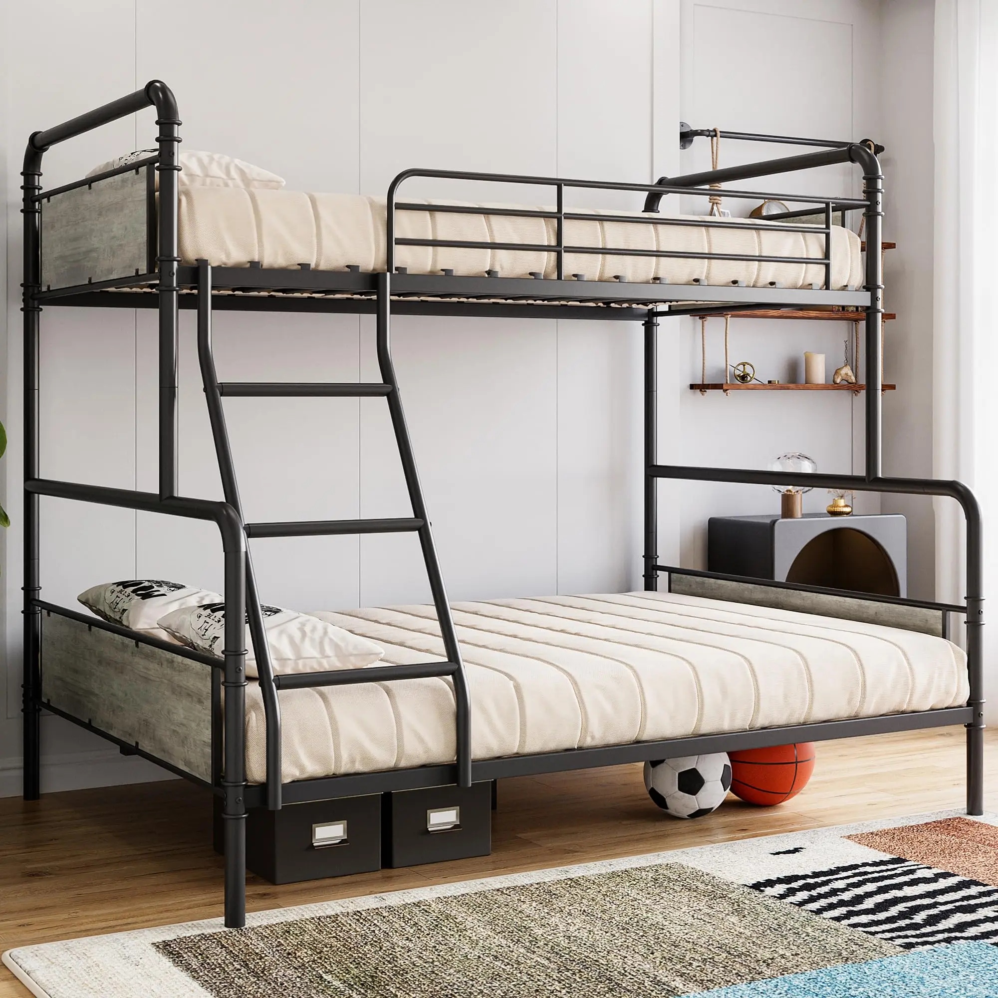 Garvee and Garvee Metal Bunk Beds Twin Over Full Size with High Guardrails, Angled Ladders, Heavy Duty Frame, Metal Slats, Smooth Rounded Edges, Convertible for Teens and Adults, Easy Assembly in Grey and Vintage Brown