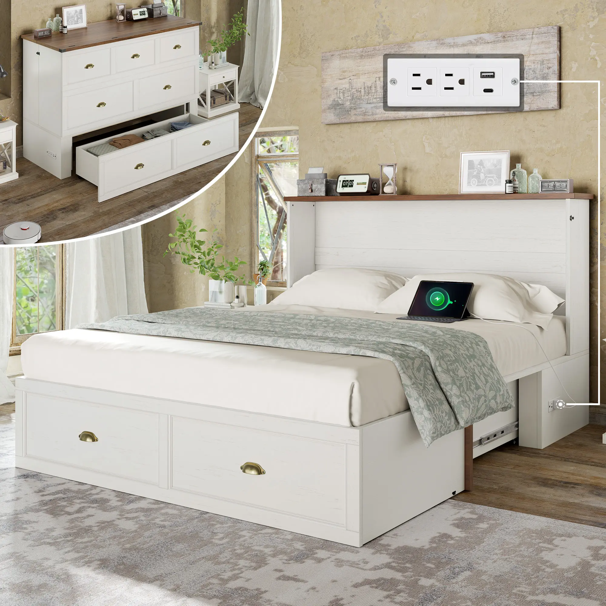 [Summerwins] [SummerFinds] AMERLIFE Murphy Bed with 6-Inch Tri-Fold Memory Foam Folding Mattress, Farmhouse Cabinet Bed with Storage Drawer and Charging Station, Folding Guest Mattress with Washable Cover for Guest Room/Apartment/Office