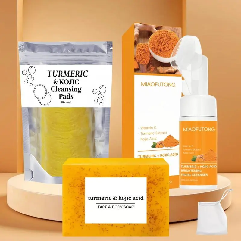 Turmeric Cleansing Set for Deep Skin Care, Nourishing Turmeric Soap, Turmeric Kojic Acid Soap, Cleaning Pad, Mousse Cleanser & Oil, Natural Body Care for Men and Women, Shower Routine Set