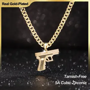 Holylegend 14K Real Gold-Plated Gun Pendant Necklace with AAAA CZ Diamonds, Streetwear Cuban and Rope Chain Jewelry, Bling Accessories Gift for Him, Men's Iced Out Hip Hop Chain,High End Necklace,Necklaces Men