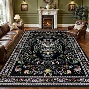 8x10 Area Rugs Living Room Rug:  Washable Rug Floral Soft Carpet Indoor Floor Non-Slip Boho Stain Resistant Large Carpets for Bedroom   Dining Room Farmhouse  Office Black