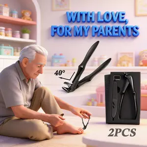 Professional black long-handled scimitar head toenail scissors, unisex more suitable for the elderly, large opening anti-splash design, with nail file set, durable metal foot manicure, suitable for thick and hard nails.