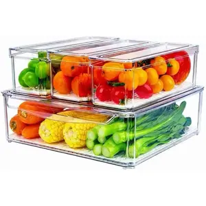 4 Pack Fridge Organizer, Stackable Refrigerator Organizer Bins with Lids, BPA-Free Fridge Organizers and Storage Containers for Fruit, Vegetable, Food, Drinks, Cereals, Clear