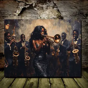2D Flat, 1pc Wooden Framed Canvas Art - African American Woman Trumpet Player with Band, Vibrant Wrapped Canvas Painting, 11.8x15.7 Inch, 2D Wall Decor for Office, Classroom, Living Room, Home Decor, Jazz Wall Art
