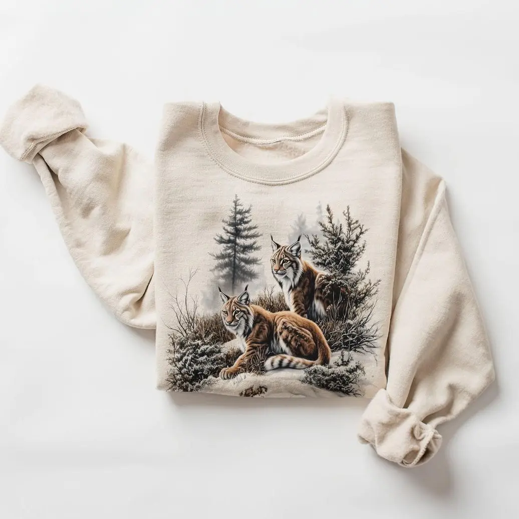 Vintage 90s Style Lynx Sweatshirt with Winter Forest Graphic, Unisex Casual Crewneck in Cotton Blend Fabric