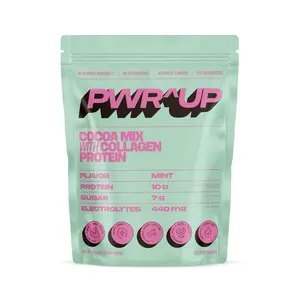 PWR^UP Mint Chocolate Flavored Cocoa Mix with Collagen 16.23 oz.  Ditch the sugary creamers, snacks and drinks. Chocolate treat and supports your body. Eat it right out of the bag, it's that's good.  Sprinkle It. Dip It. Blend It. Bake It. Dutch Process