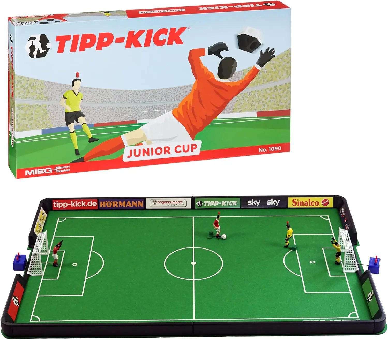TIPP-KICK Junior Cup Soccer Tabletop Game Set – 83x56cm Felt Field, 2 Metal Kickers, 2 Goalkeepers, Goals & Balls – German Family Toy for Kids & Adults, Portable Sports Fun