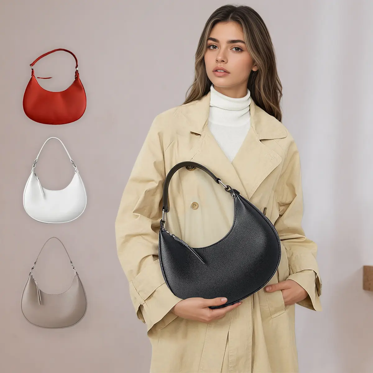 Elegant Crescent Hobo Bag for Women, Red Plain Soft PU Leather Satchel with Top Handle, Lightweight Purse with Zip Fastener for Daily Use, None, Daily Use Bags, Casual
