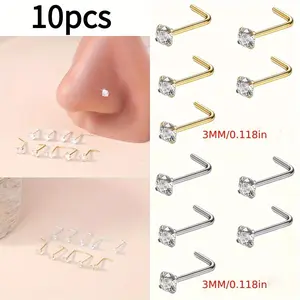 10Pcs Classic Golden/Silvery L-shaped Nose Rings & Ear Studs Set with Shiny Cubic Zirconia for Women Boho Style 3mm Piercing Body Jewelry
