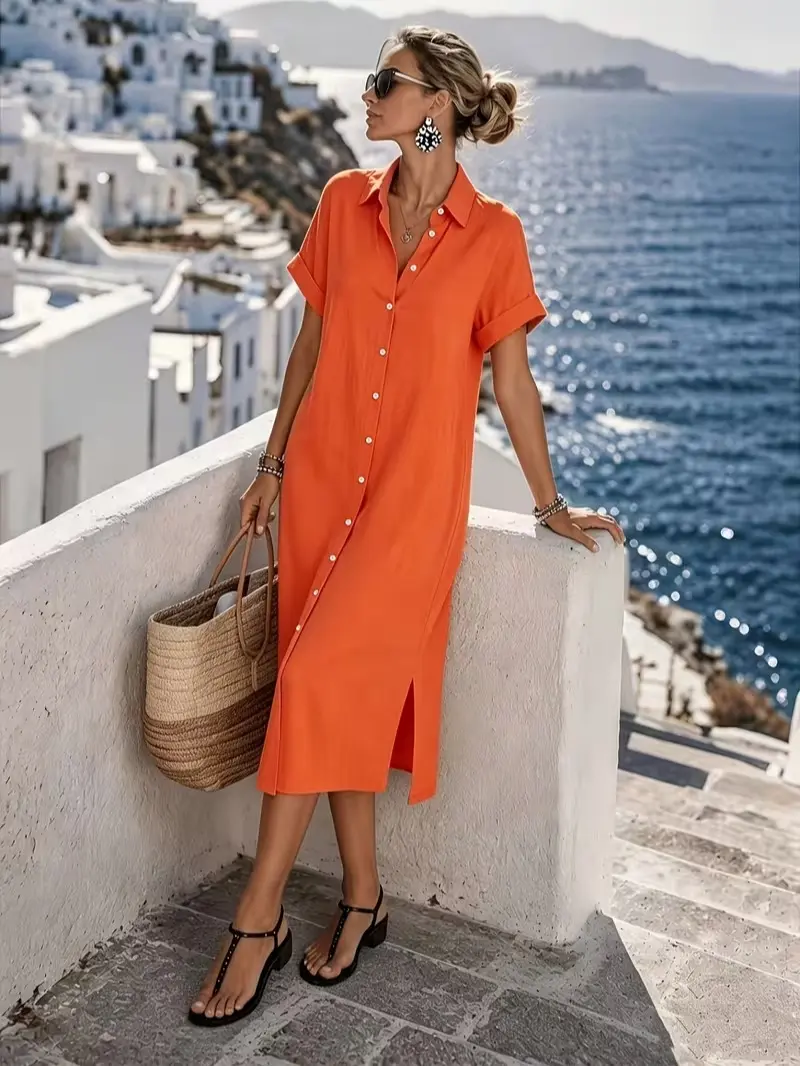 Women's solid-color collared shirt dress for summer; loose-fitting, short-sleeved, midi-length dress with side slits; Western-style beach vacation dress.