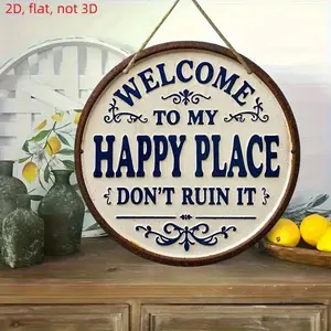 1pc Flat Rustic Metal Welcome Sign - "Welcome to My Happy Place Don't Ruin It" - 7.8x7.8 Inch Vintage Iron Wall Art with Floral Accents, Perfect for Home, Porch, Garden, Cafe, Bar & More - Outdoor Signage, Vintage Wall Art, Iron Wall Plaque funny tin sign