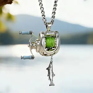 Vintage Designed Fishing Reel Necklace With Small Fish Charms, Unique Hip Hop Style Accessory For Daily Matching And Personalized Outfit Decor