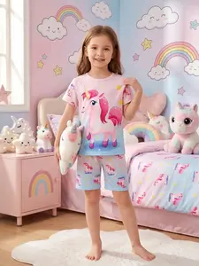 Girls Unicorn Cartoon Print Round Neck T-Shirt and Elastic Waist Shorts Set, Cute Loose-Fit Summer Sleepwear, Comfortable Short Sleeve