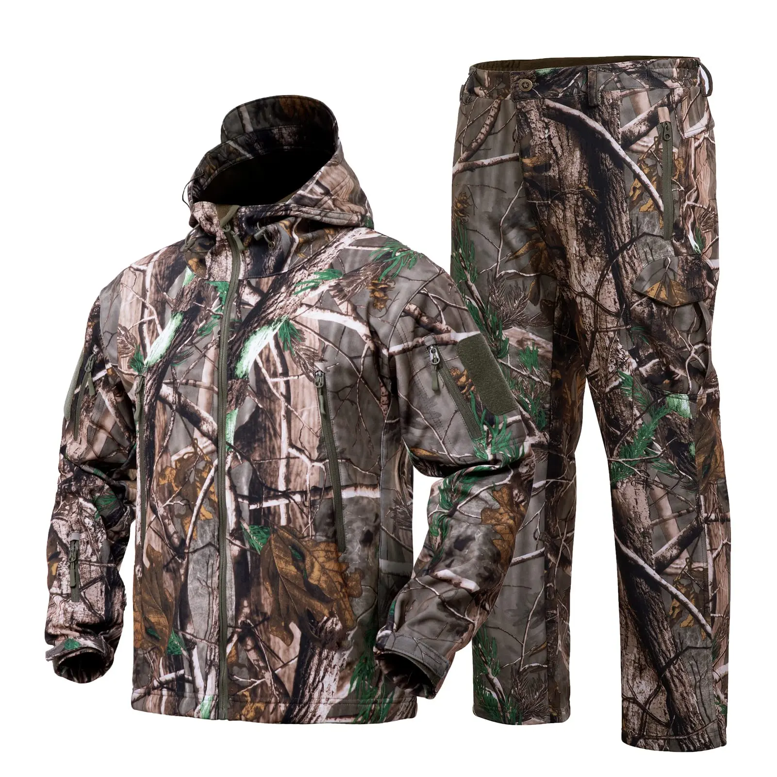 YEVHEV Silent Camouflage Hunting Gear, Water-Resistant Jacket and Pants Suit with DWR Coating and Vents, Multi-Size, Discreet Velcro, Adjustable Hood