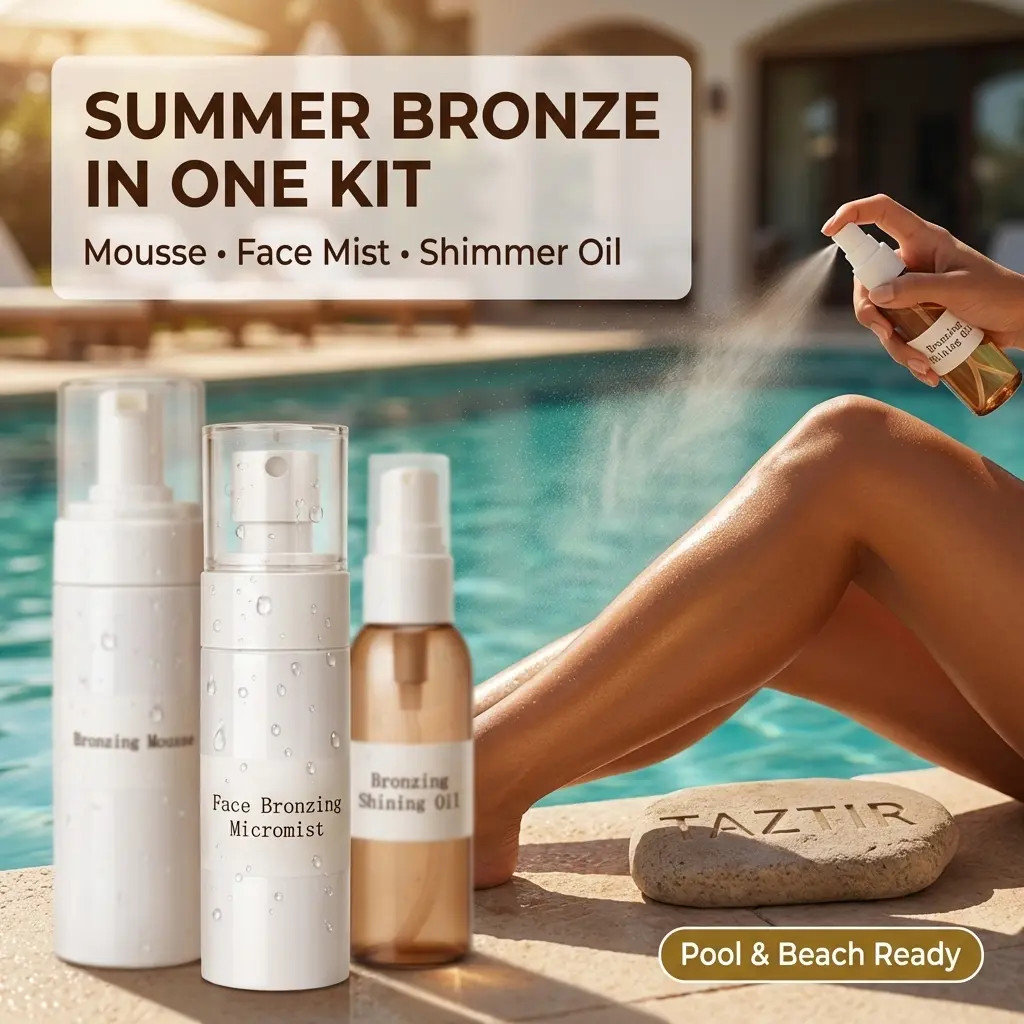TAZTIR 3pcs Sunless Tanning Set, Self Tanning Mousse And Spray And Shimmer Oil, Natural Sunless Tanner, Long-Lasting Bronzer, Waterproof Body Makeup, Tanning Kit, Pure Tanning Mousse Body Self-Tanners
