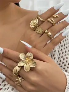 8 Piece Vegan Ring Set, Bohemian Starfish and Zodiac Motifs Adjustable Stacking Rings for Women | Smooth Ocean-Themed Jewelry | Meaningful Gift Set for Her, Beach Vacation Style，Suitable for Daily Wear & Vacation, Boho Style Rings, Stackable Rings