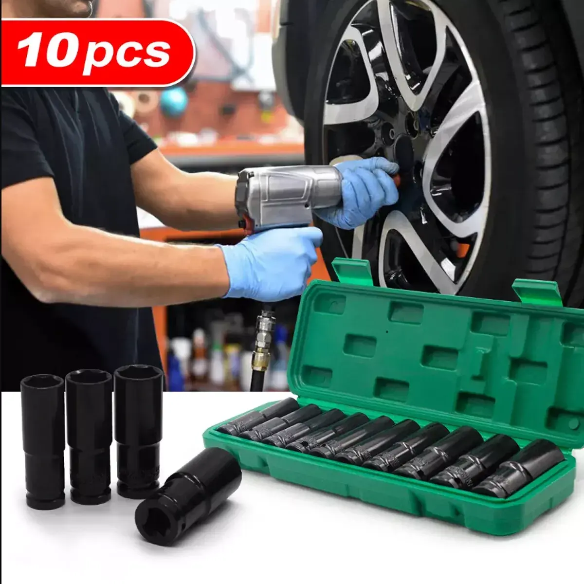 11pcs 1/2"-Drive Cold-Forged Cr-V Steel Metric 6-Point Deep-Well Impact Socket Set (10-24mm) - Mechanic Tools with Laser-Etched Markings, Matte Black Oxide Finish, Blow-Molded Box for Wheel Fastening, Auto Repair