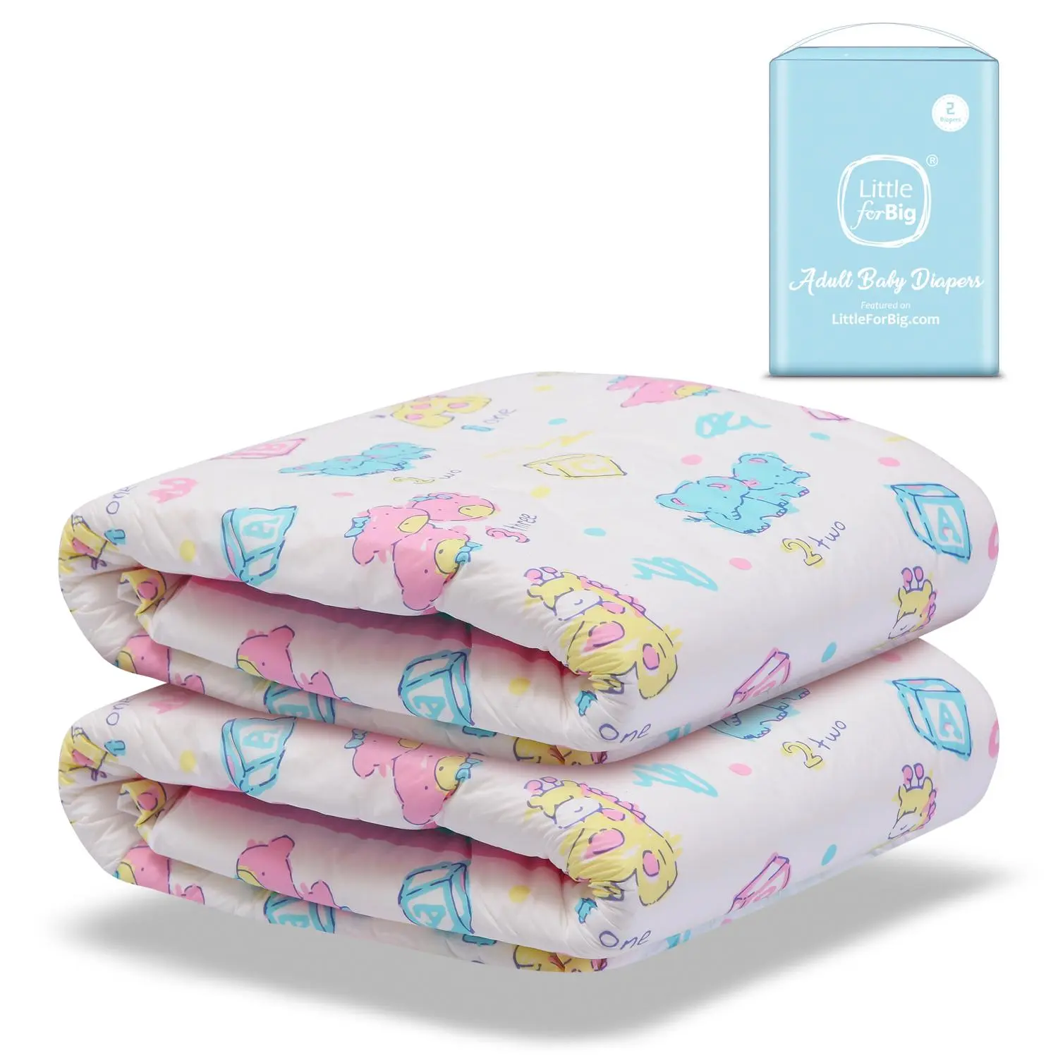 LITTLEFORBIG Adult Diapers Sample Pack - Large (L), 2-Piece, High Absorbency, Strong Plastic Backing, Ultra-Soft, Vintage Baby Print with Elephants, Overnight Protection, Counting, Stretchy Legs, Measure Size Fit, Vintage Print