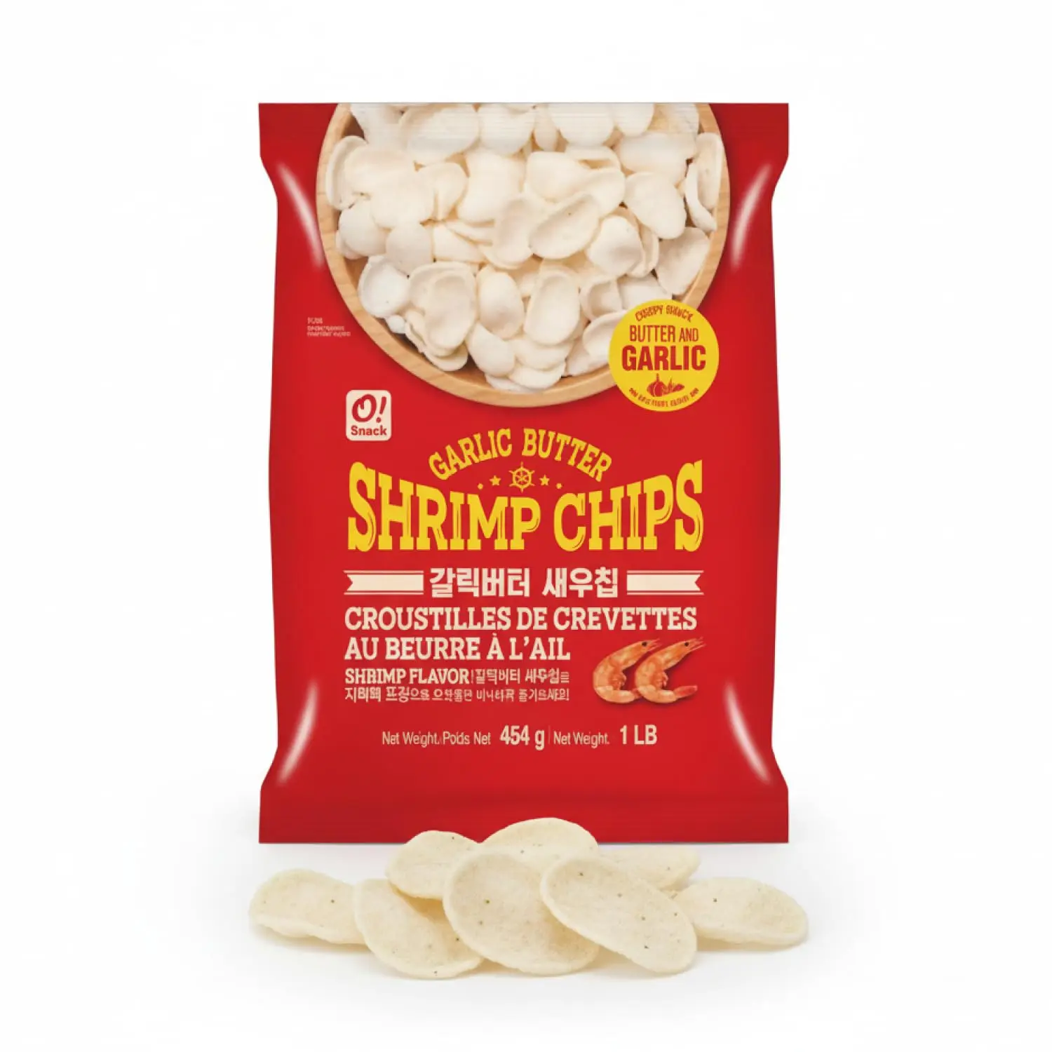 Korean Food O!Snack Garlic Butter Shrimp Chips, Crispy Shrimp Snack with Butter & Garlic Flavor, Extra Large 1 lb Bag, Family Size, Great for Sharing