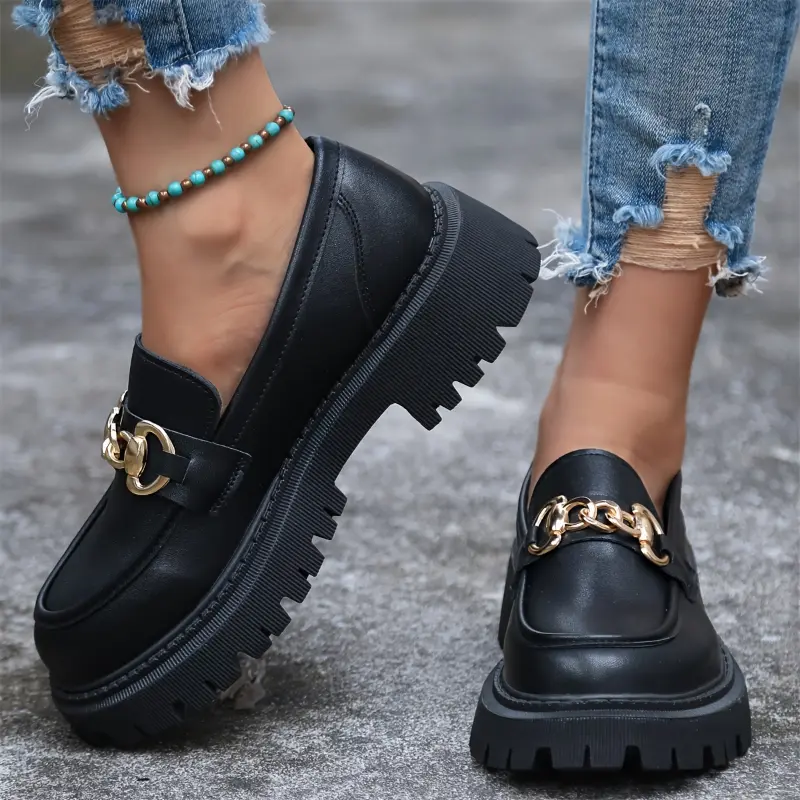 YYW1 Women's Fashion Black British Preppy Style-On Loafers with Metallic Detail - Versatile Round Toe, Comfortable Lining, All-Season Wear, Versatile Loafers|Metallic Accent|Comfortable Lining