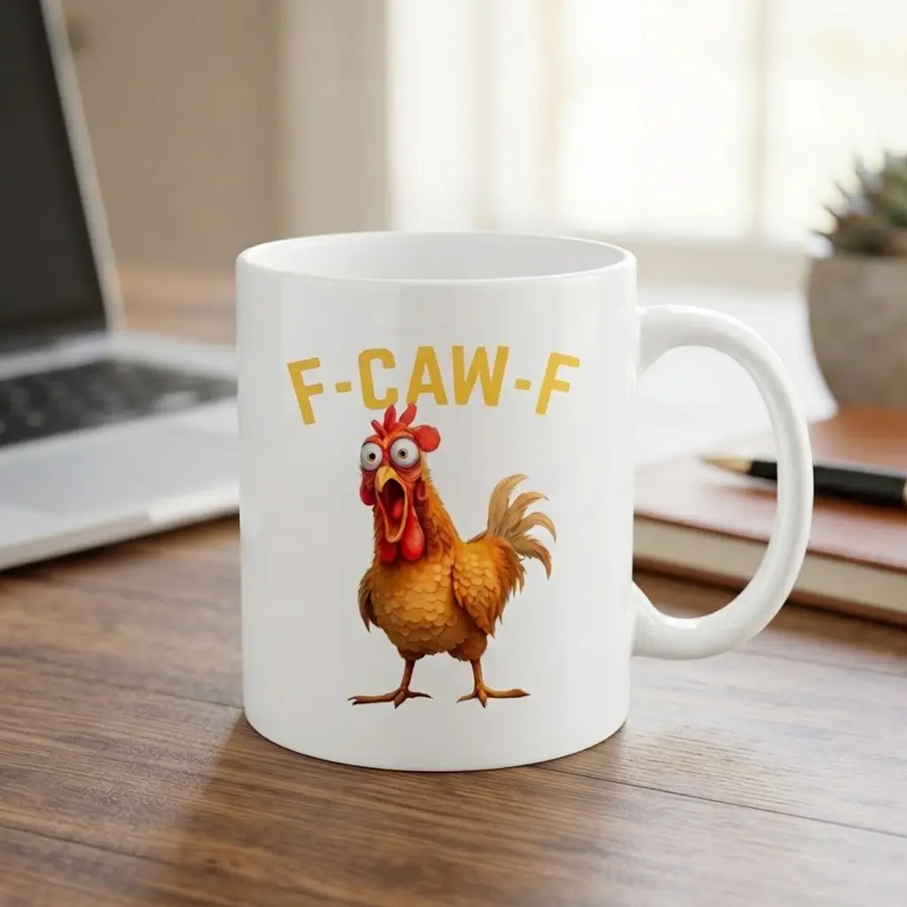Funny F-CAW-F Crazy Rooster Coffee Mug - Sarcastic Office Humor Cup, Moody Gag Gift for Coworkers Friends, 11oz 15oz Ceramic Mug
