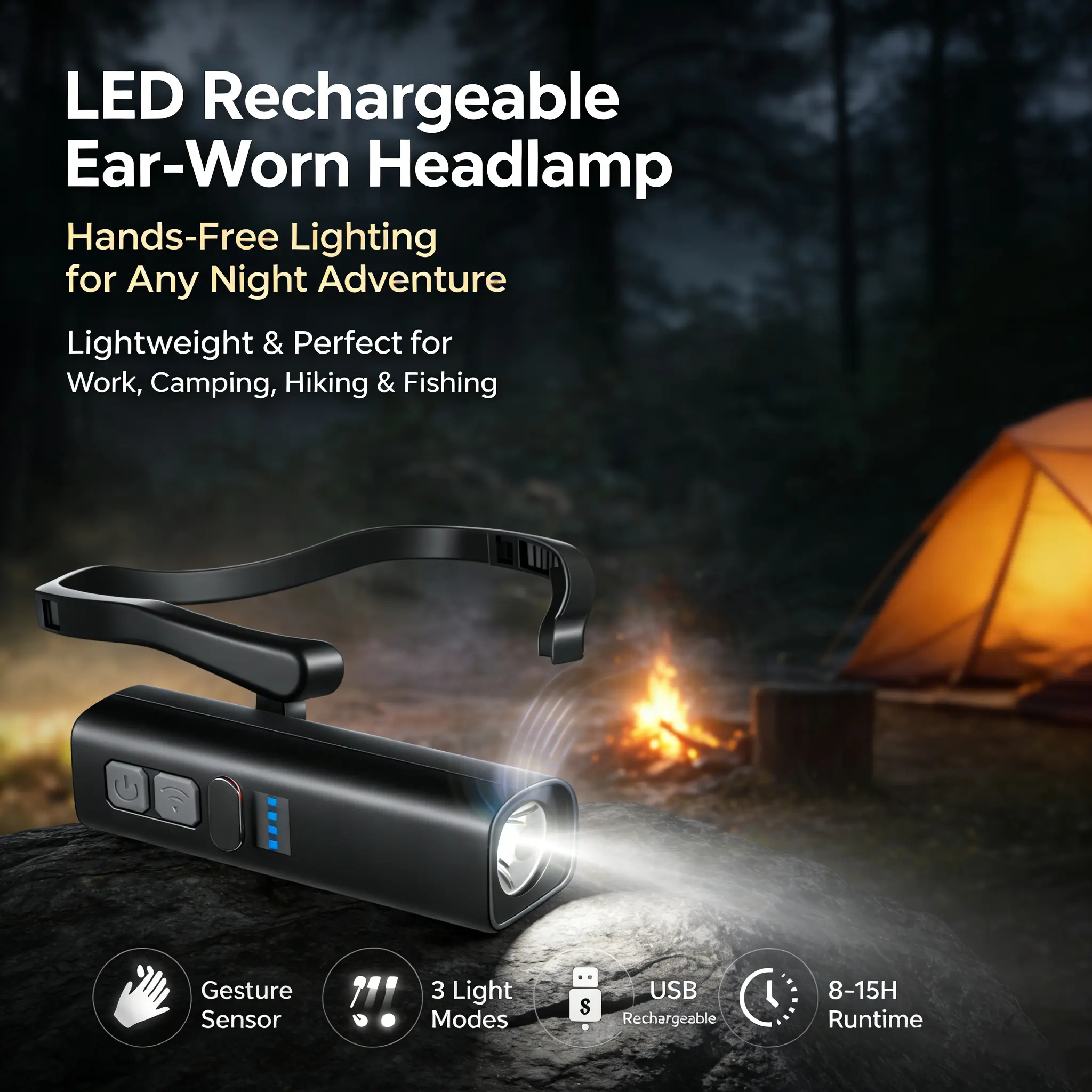 Ultra-Light LED Ear Worn Headlamp, Rechargeable Motion Sensor Headlight, Hands-Free High Bright Ear Hook Light, Waterproof 3 Modes for Running Camping Hiking Fishing, Sensor Lights