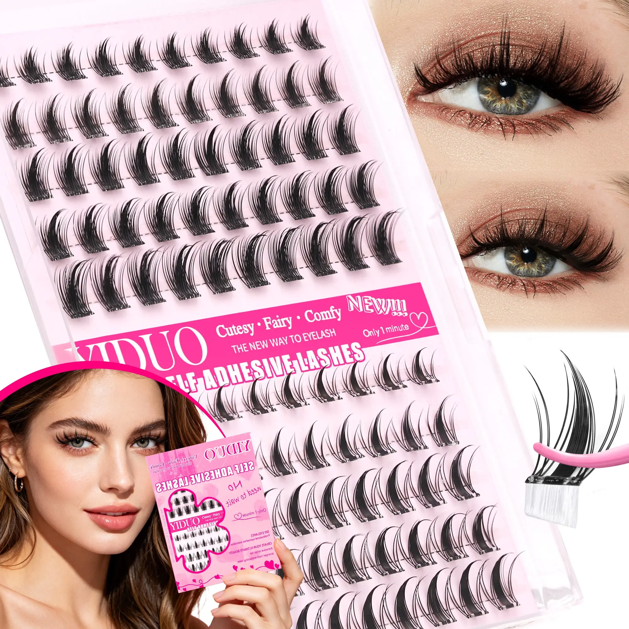 YIDUO Manga Self-Adhesive Lash Clusters 10-16mm D Curl, 2 Styles Fairy Spiky Wet Look & Natural Wispy Manga Press-On Lashes, Lightweight, Pre-Glued, Easy 1-Minute DIY Eyelash Extensions Makeup Set Wispy Individual Lashes, Spike Eyelash Cluster