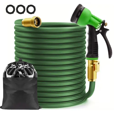 Heavy-Duty Coiled Expandable Garden Water Hose (50/75ft, 3/4in Solid Copper Fittings) with Multi-Spray Nozzle, 10 Different Spray Patterns, Latex Core, Kink-Free Flow, 3-12bar, Car Cleaning Accessory, Tool Upgrade, Easy to Use & Store, Father's Day Gift t