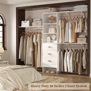 8FT Closet Organizer System, Upgraded Wooden Built-In Closet System with 3 Drawers closet organizer
