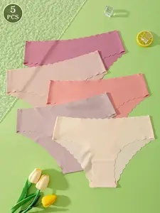 5 Piece Women's Seamless Wave-Edged Underwear Set, Comfortable Breathable Elastic Smooth Triangle Panties, Everyday Wear for All Seasons