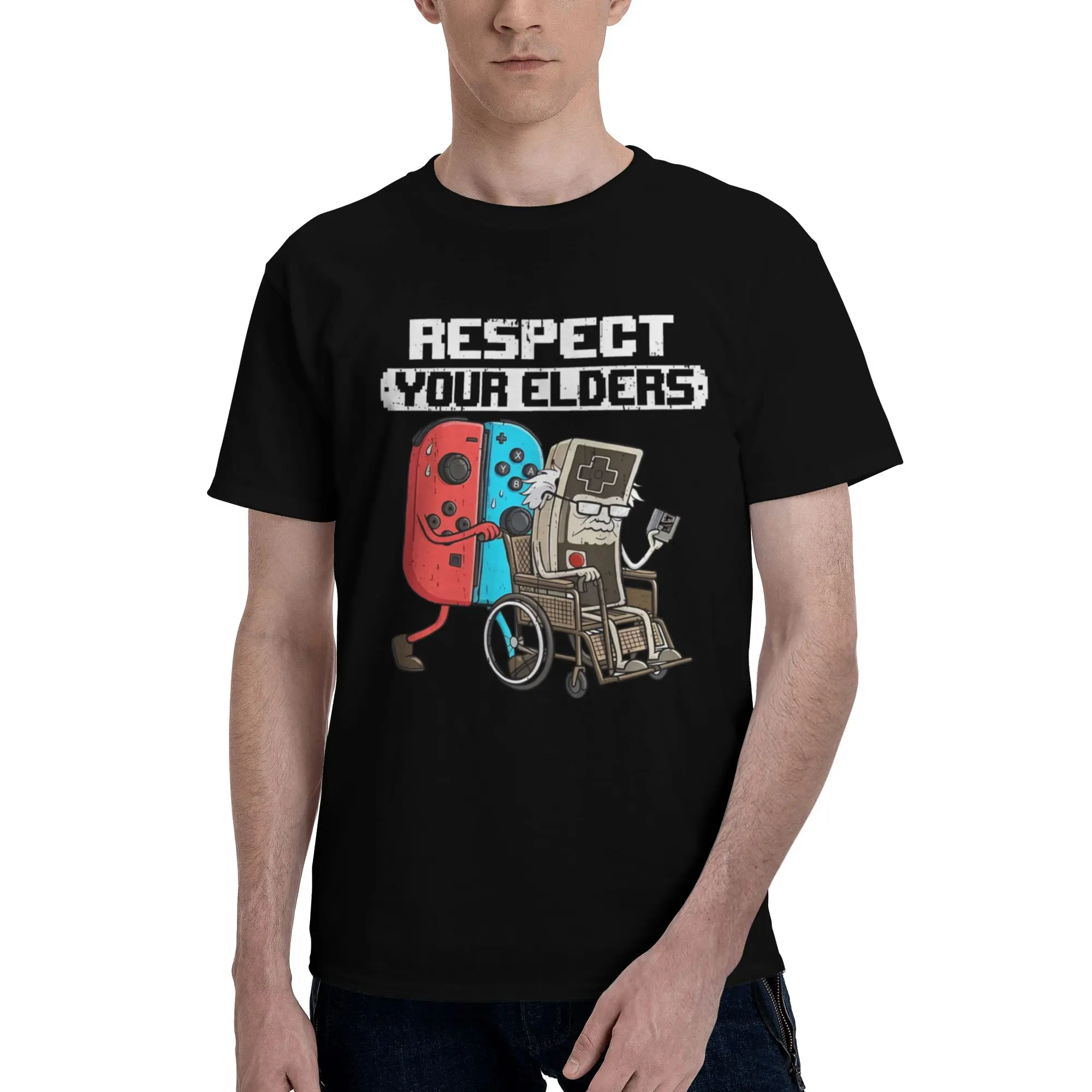 Men'S Pattern T-Shirt, Theme "Respect Elders" - Comfortable Retro Game Design, Breathable And Comfortable, Eye-Catching Print, Round Neck, Short Sleeve, Perfect for Summer Gaming